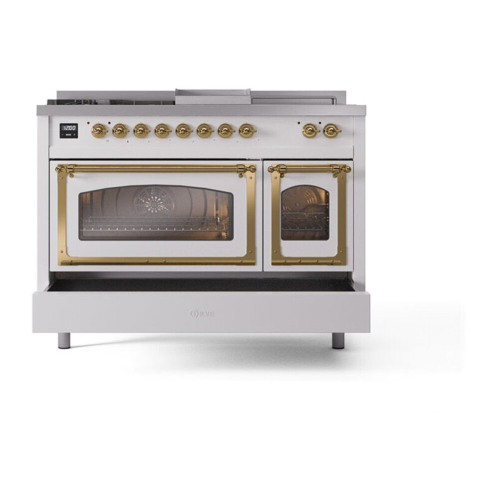 ILVE_UN48FSNMPWHG_Nostalgie_II_48"_Dual_Fuel_Range_drawer_opened