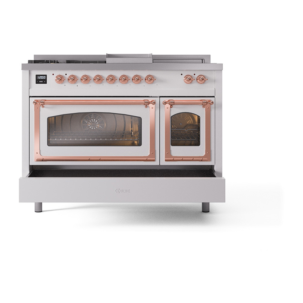 ILVE_UN48FSNMPWHP_Nostalgie_II_48"_Dual_Fuel_Range_drawer_opened