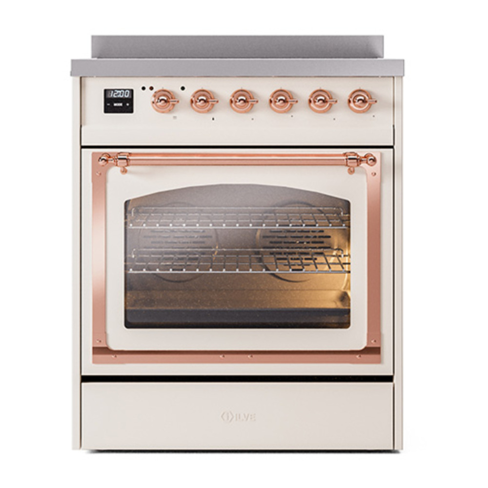 ILVE UNI304NMPAWP Nostalgie II Noblesse 30 inch Induction Range with 4 Elements (Triple Glass Door, Antique White, Copper) 2 ILVE_UNI304NMPAWP_Nostalgie_II_30"_Induction_Range_front_view