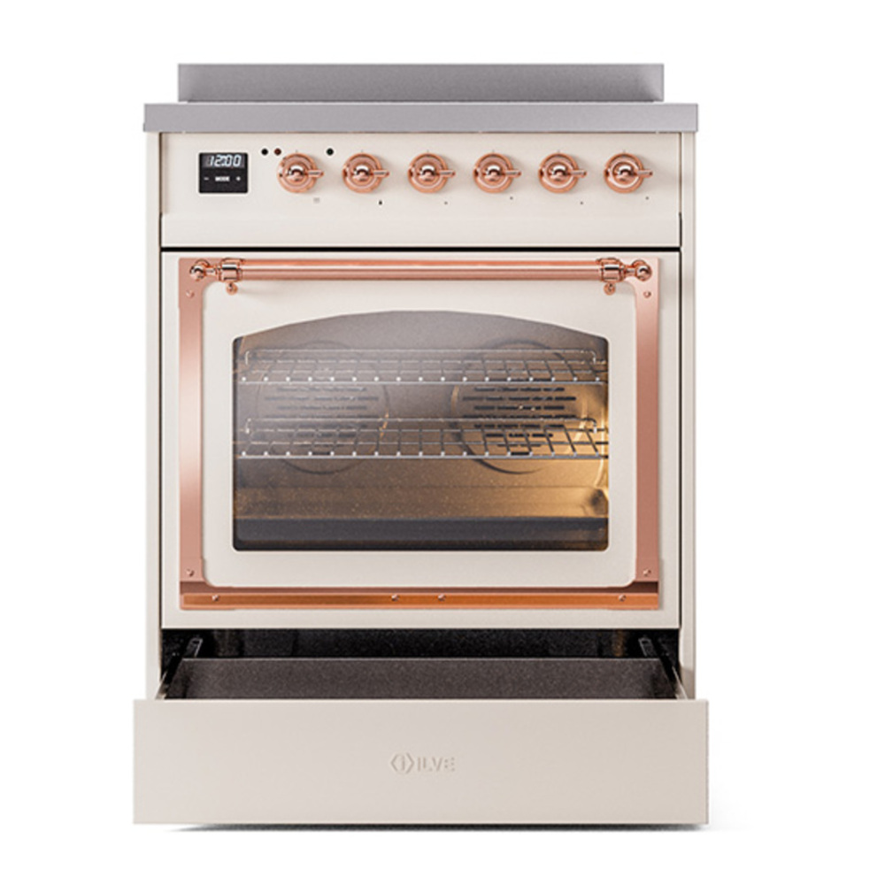 ILVE UNI304NMPAWP Nostalgie II Noblesse 30 inch Induction Range with 4 Elements (Triple Glass Door, Antique White, Copper) 4 ILVE_UNI304NMPAWP_Nostalgie_II_30"_Induction_Range_drawer_opened