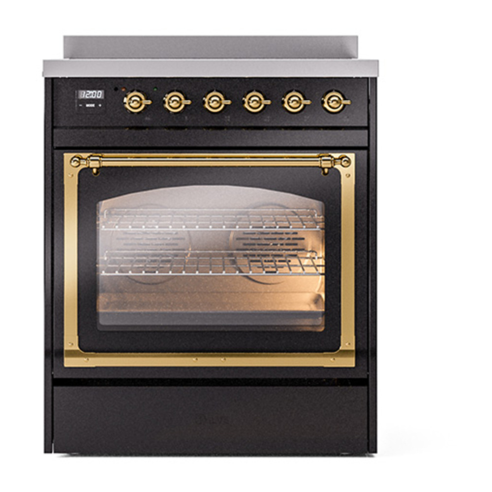 ILVE UNI304NMPBKG Nostalgie II Noblesse 30 inch Induction Range with 4 Elements (Triple Glass Door, Glossy Black, Brass) 2 ILVE_UNI304NMPBKG_Nostalgie_II_30"_Induction_Range_front_view