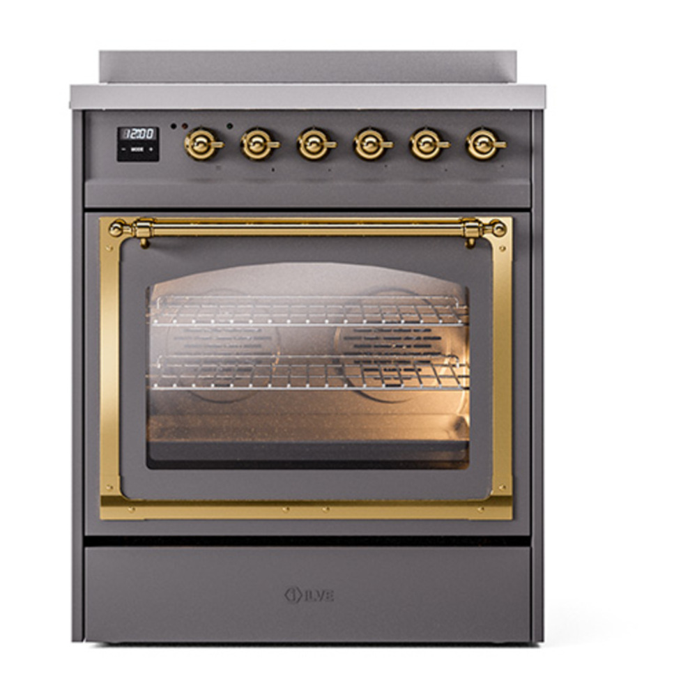 ILVE UNI304NMPMGG Nostalgie II Noblesse 30 inch Induction Range with 4 Elements (Triple Glass Door, Graphite Matte, Brass) 2 ILVE_UNI304NMPMGG_Nostalgie_II_30"_Induction_Range_front_view