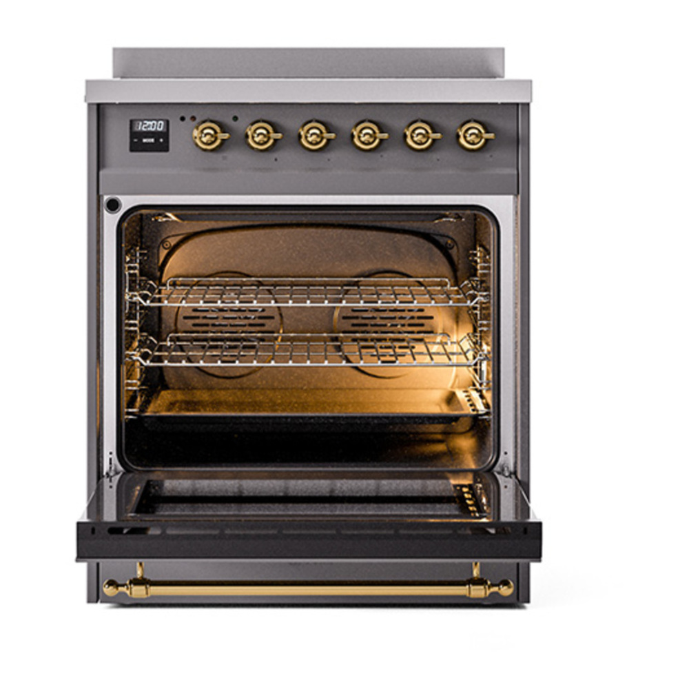 ILVE UNI304NMPMGG Nostalgie II Noblesse 30 inch Induction Range with 4 Elements (Triple Glass Door, Graphite Matte, Brass) 3 ILVE_UNI304NMPMGG_Nostalgie_II_30"_Induction_Range_oven_door_opened
