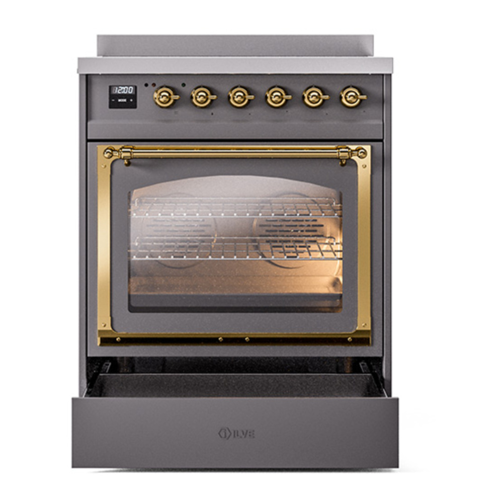 ILVE UNI304NMPMGG Nostalgie II Noblesse 30 inch Induction Range with 4 Elements (Triple Glass Door, Graphite Matte, Brass) 4 ILVE_UNI304NMPMGG_Nostalgie_II_30"_Induction_Range_drawer_opened