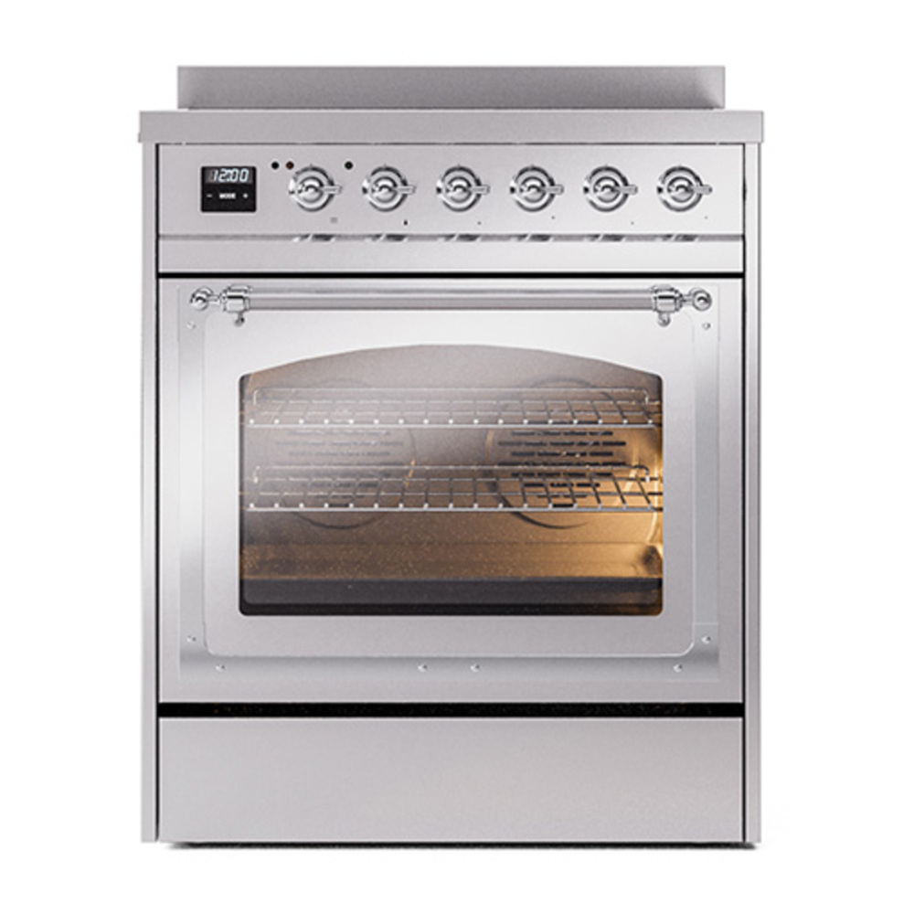 ILVE UNI304NMPSSC Nostalgie II Noblesse 30 inch Induction Range with 4 Elements (Triple Glass Door, Stainless Steel, Chrome) 2 ILVE_UNI304NMPSSC_Nostalgie_II_30"_Induction_Range_front_view