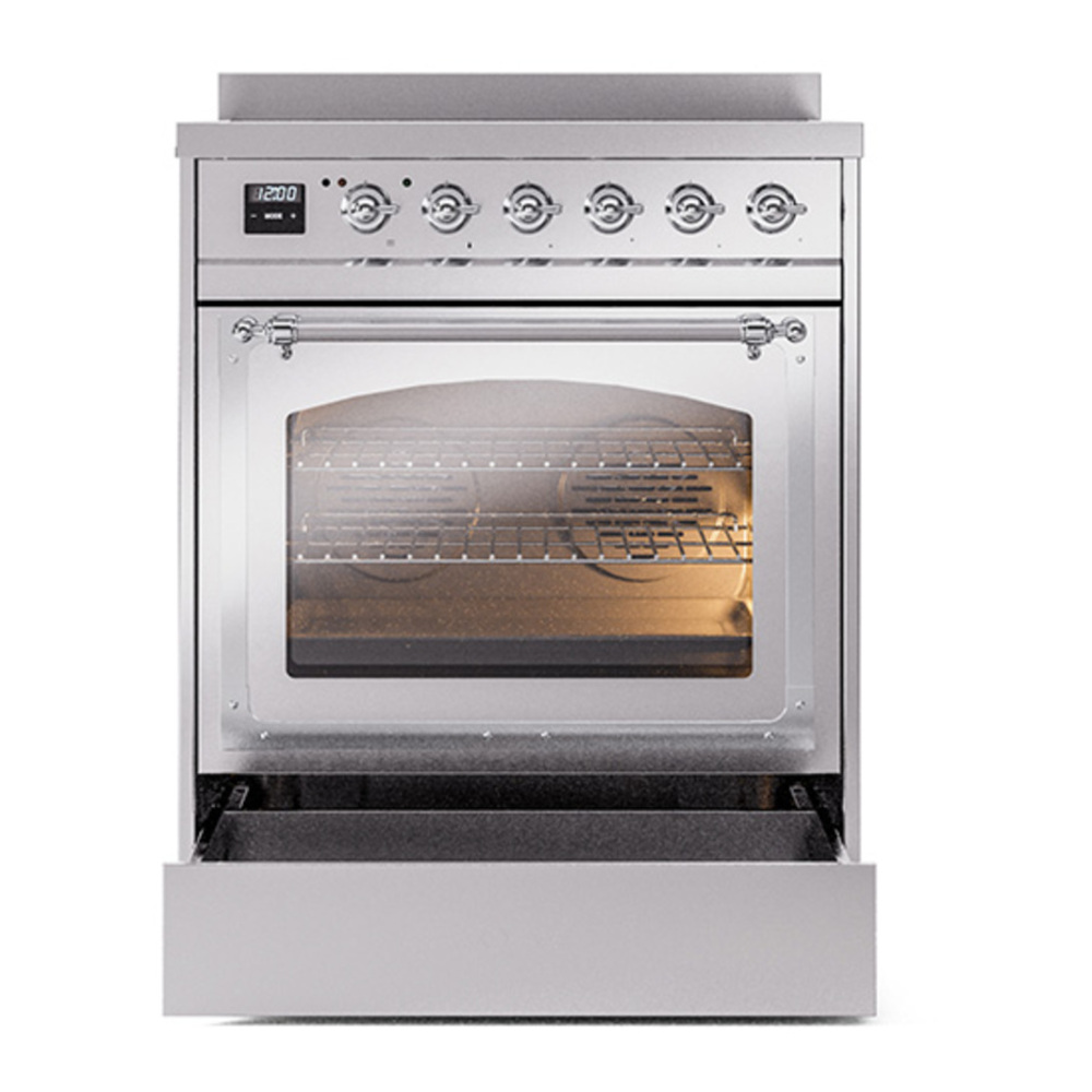 ILVE UNI304NMPSSC Nostalgie II Noblesse 30 inch Induction Range with 4 Elements (Triple Glass Door, Stainless Steel, Chrome) 4 ILVE_UNI304NMPSSC_Nostalgie_II_30"_Induction_Range_drawer_opened
