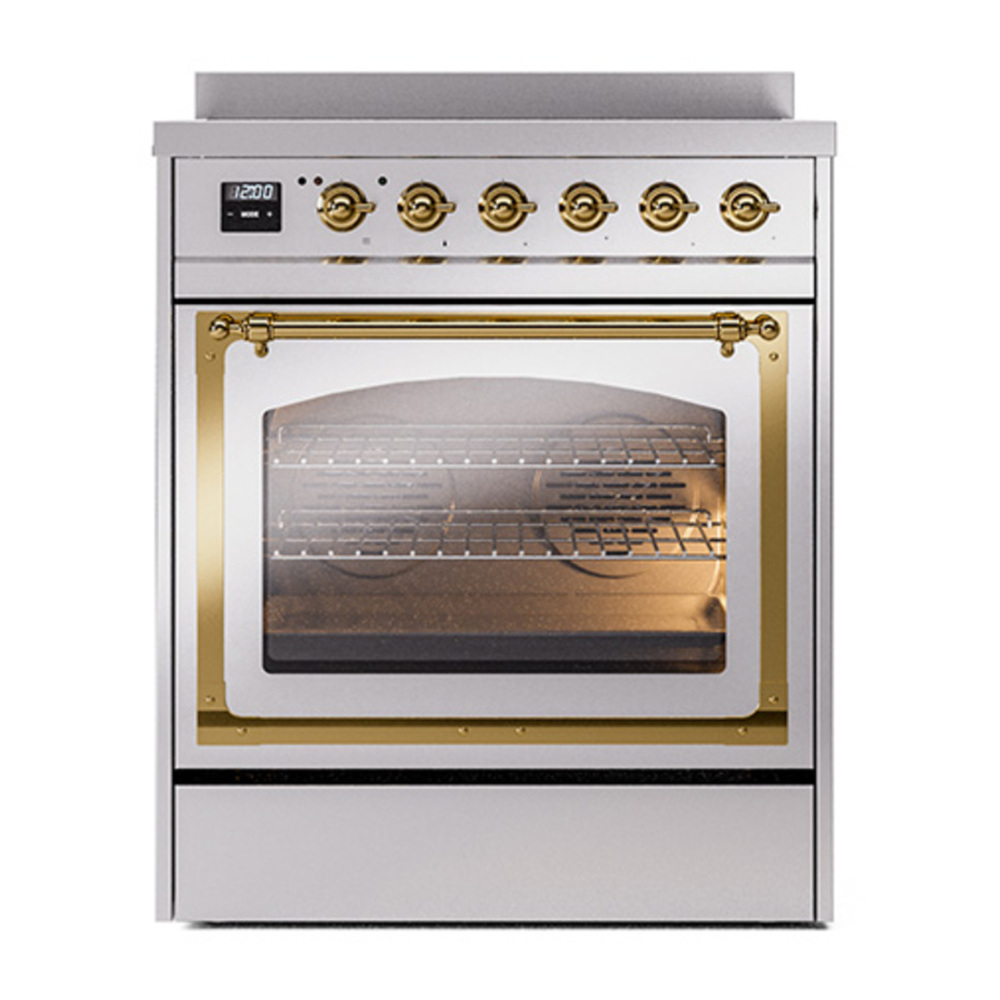 ILVE UNI304NMPSSG Nostalgie II Noblesse 30 inch Induction Range with 4 Elements (Triple Glass Door, Stainless Steel, Brass) 2 ILVE_UNI304NMPSSG_Nostalgie_II_30"_Induction_Range_front_view