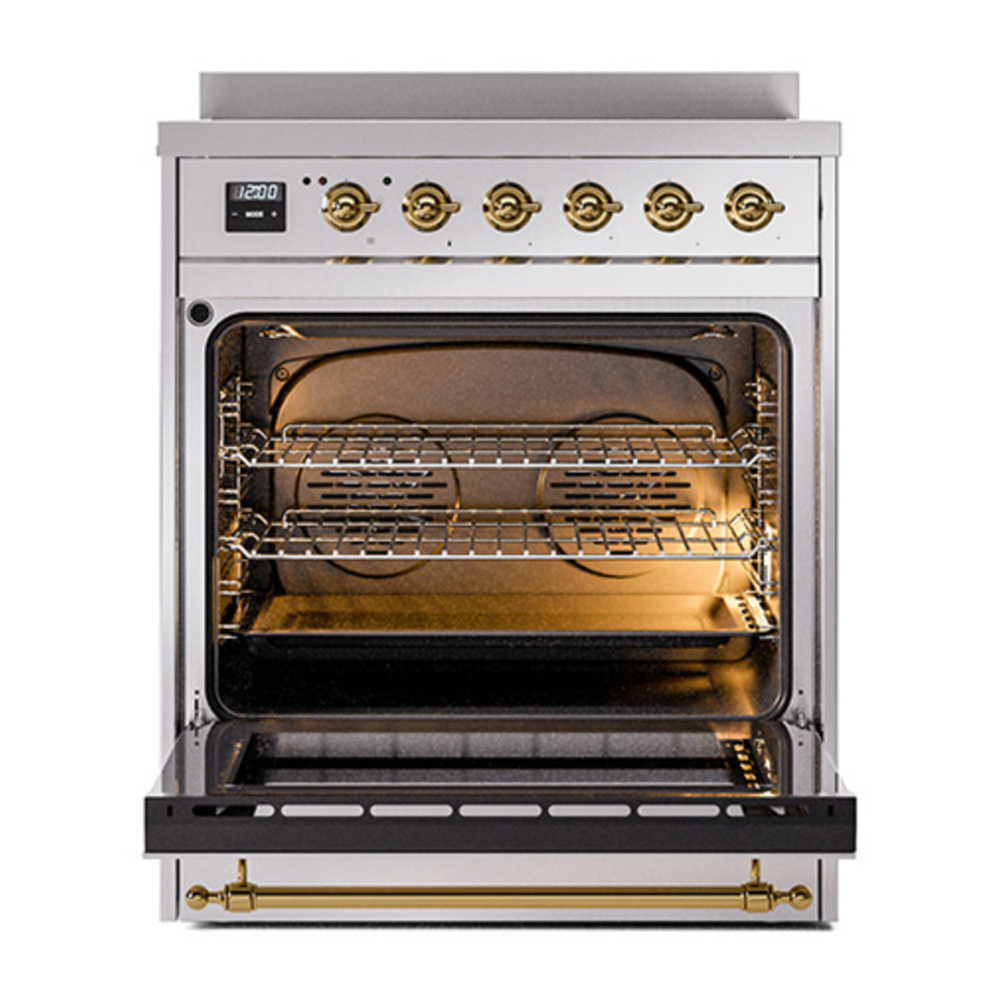 ILVE UNI304NMPSSG Nostalgie II Noblesse 30 inch Induction Range with 4 Elements (Triple Glass Door, Stainless Steel, Brass) 3 ILVE_UNI304NMPSSG_Nostalgie_II_30"_Induction_Range_oven_door_opened