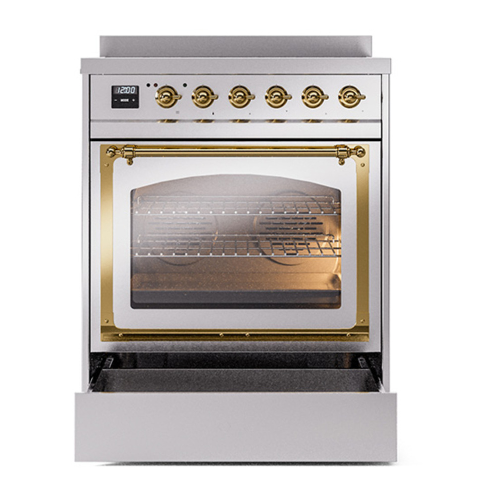 ILVE UNI304NMPSSG Nostalgie II Noblesse 30 inch Induction Range with 4 Elements (Triple Glass Door, Stainless Steel, Brass) 4 ILVE_UNI304NMPSSG_Nostalgie_II_30"_Induction_Range_drawer_opened