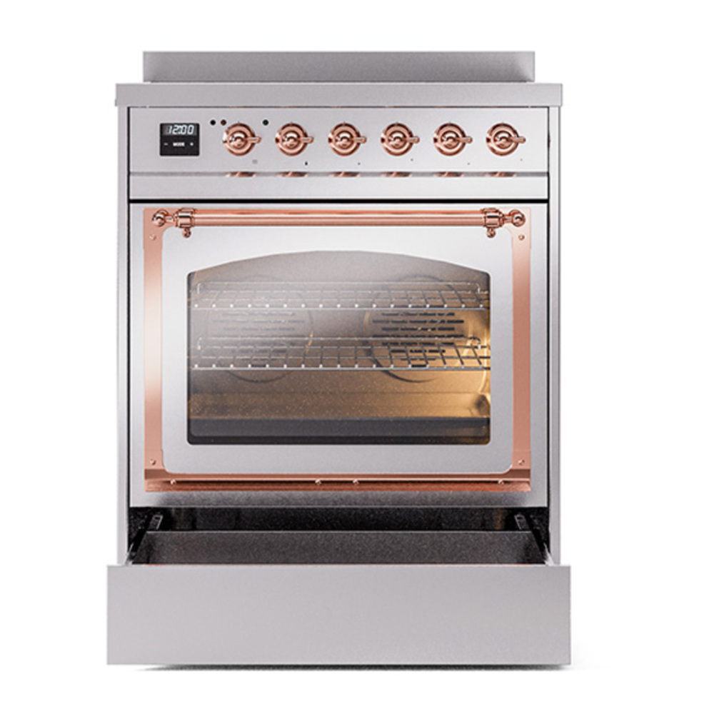 ILVE UNI304NMPSSP Nostalgie II Noblesse 30 inch Induction Range with 4 Elements (Triple Glass Door, Stainless Steel, Copper) 4 ILVE_UNI304NMPSSP_Nostalgie_II_30"_Induction_Range_drawer_opened