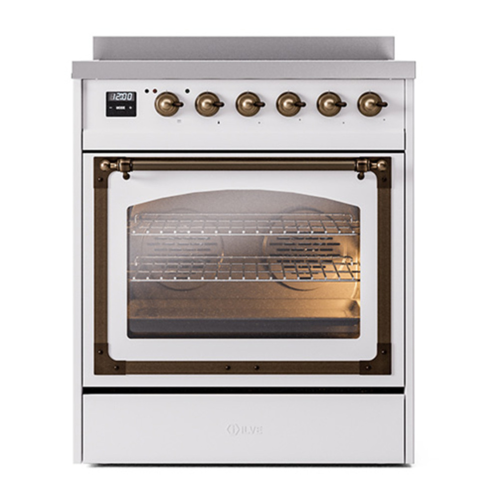 ILVE UNI304NMPWHB Nostalgie II Noblesse 30 inch Induction Range with 4 Elements (Triple Glass Door, White, Burnished) 2 ILVE_UNI304NMPWHB_Nostalgie_II_30"_Induction_Range_front_view
