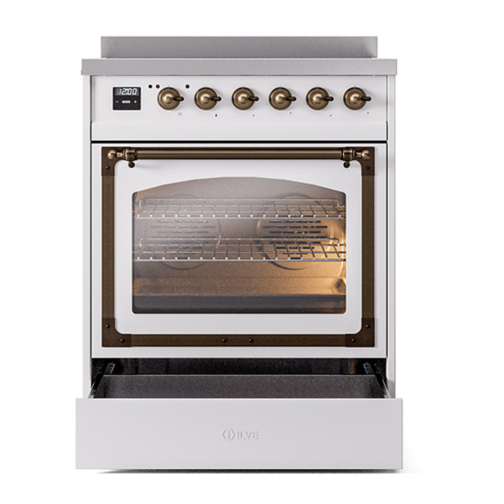 ILVE UNI304NMPWHB Nostalgie II Noblesse 30 inch Induction Range with 4 Elements (Triple Glass Door, White, Burnished) 4 ILVE_UNI304NMPWHB_Nostalgie_II_30"_Induction_Range_drawer_opened