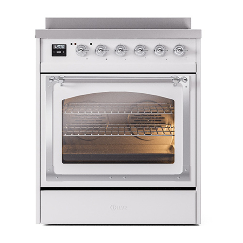 ILVE UNI304NMPWHC Nostalgie II Noblesse 30 inch Induction Range with 4 Elements (Triple Glass Door, White, Chrome) 2 ILVE_UNI304NMPWHC_Nostalgie_II_30"_Induction_Range_front_view