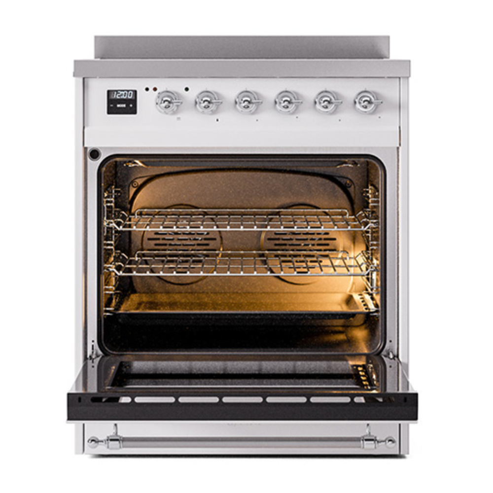ILVE UNI304NMPWHC Nostalgie II Noblesse 30 inch Induction Range with 4 Elements (Triple Glass Door, White, Chrome) 3 ILVE_UNI304NMPWHC_Nostalgie_II_30"_Induction_Range_oven_door_opened