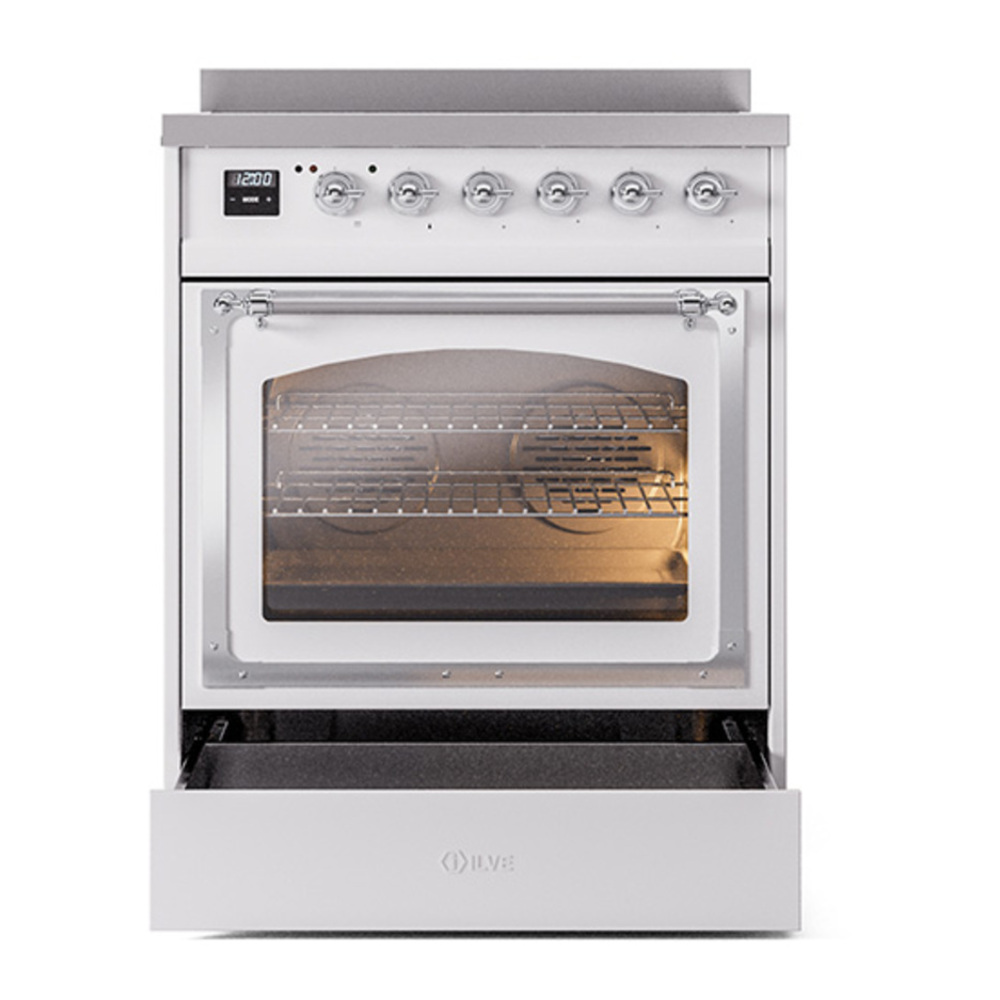 ILVE UNI304NMPWHC Nostalgie II Noblesse 30 inch Induction Range with 4 Elements (Triple Glass Door, White, Chrome) 4 ILVE_UNI304NMPWHC_Nostalgie_II_30"_Induction_Range_drawer_opened