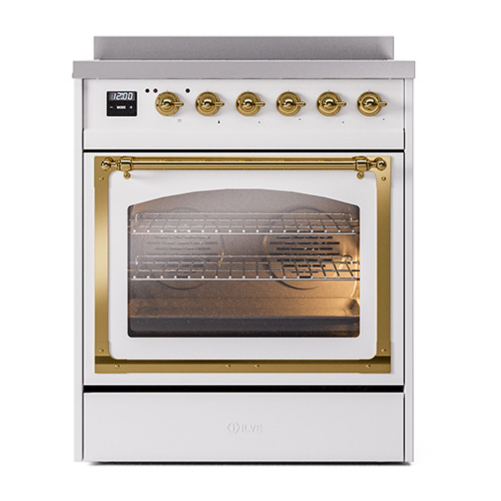 ILVE UNI304NMPWHG Nostalgie II Noblesse 30 inch Induction Range with 4 Elements (Triple Glass Door, White, Brass) 2 ILVE_UNI304NMPWHG_Nostalgie_II_30"_Induction_Range_front_view