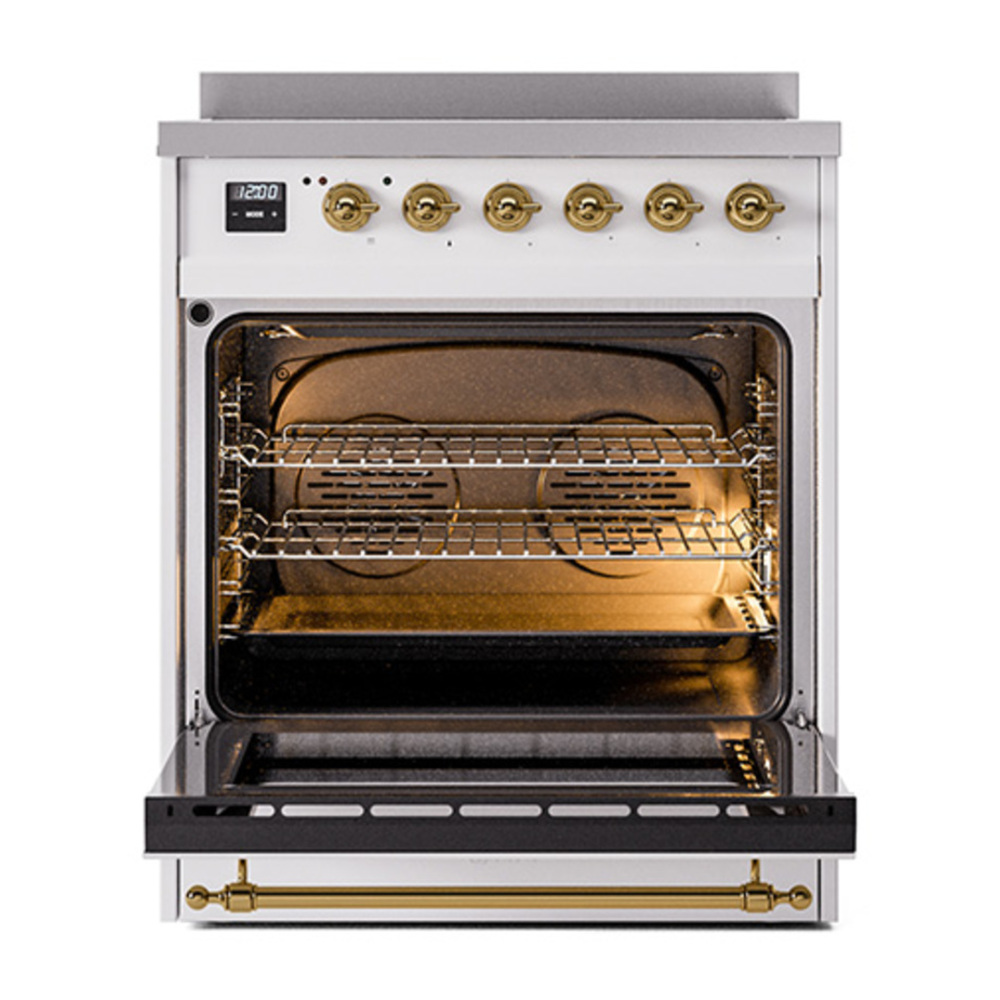 ILVE UNI304NMPWHG Nostalgie II Noblesse 30 inch Induction Range with 4 Elements (Triple Glass Door, White, Brass) 3 ILVE_UNI304NMPWHG_Nostalgie_II_30"_Induction_Range_oven_door_opened