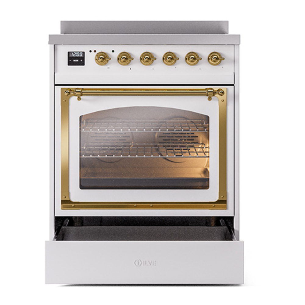 ILVE UNI304NMPWHG Nostalgie II Noblesse 30 inch Induction Range with 4 Elements (Triple Glass Door, White, Brass) 4 ILVE_UNI304NMPWHG_Nostalgie_II_30"_Induction_Range_drawer_opened