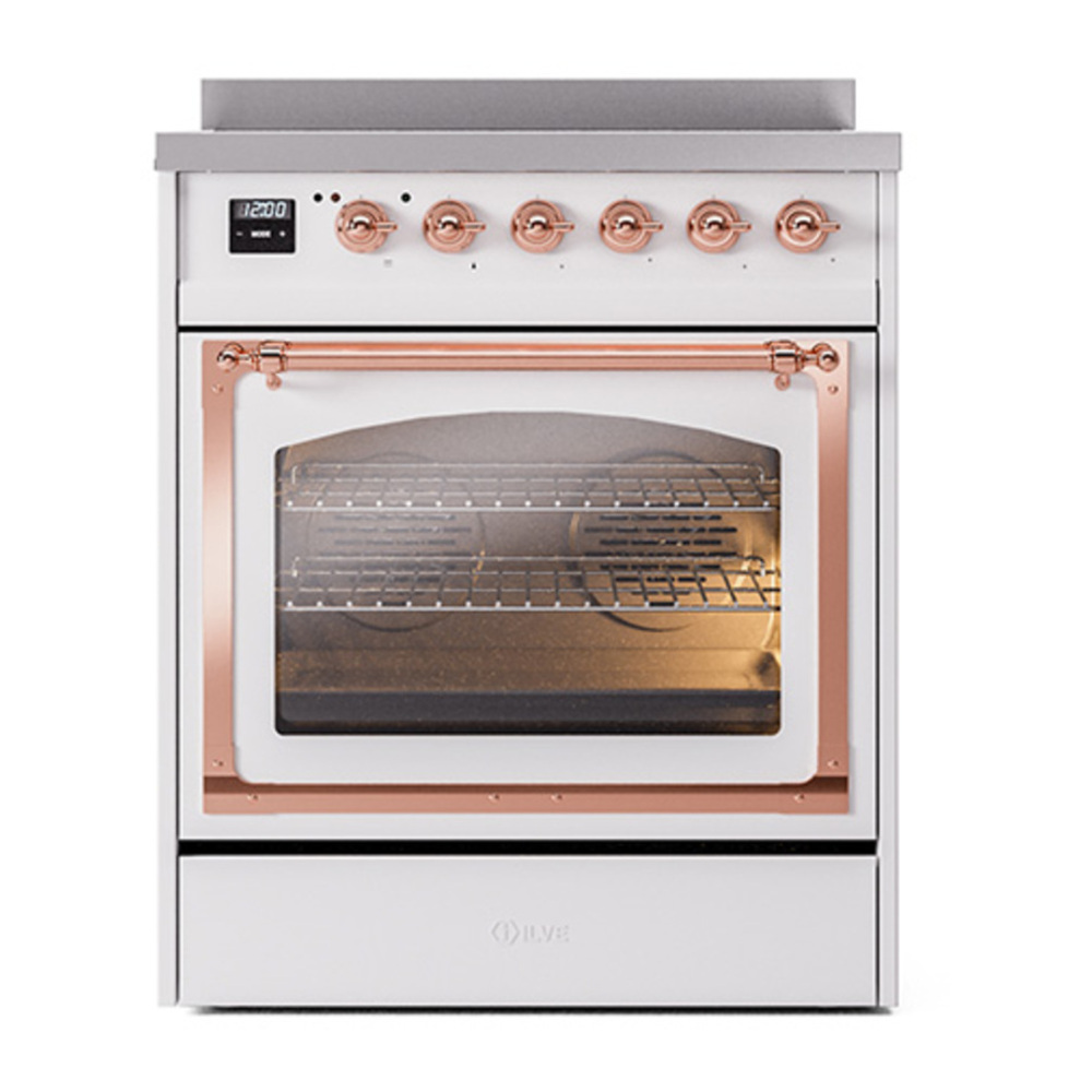 ILVE UNI304NMPWHP Nostalgie II Noblesse 30 inch Induction Range with 4 Elements (Triple Glass Door, White, Copper) 2 ILVE_UNI304NMPWHP_Nostalgie_II_30"_Induction_Range_front_view
