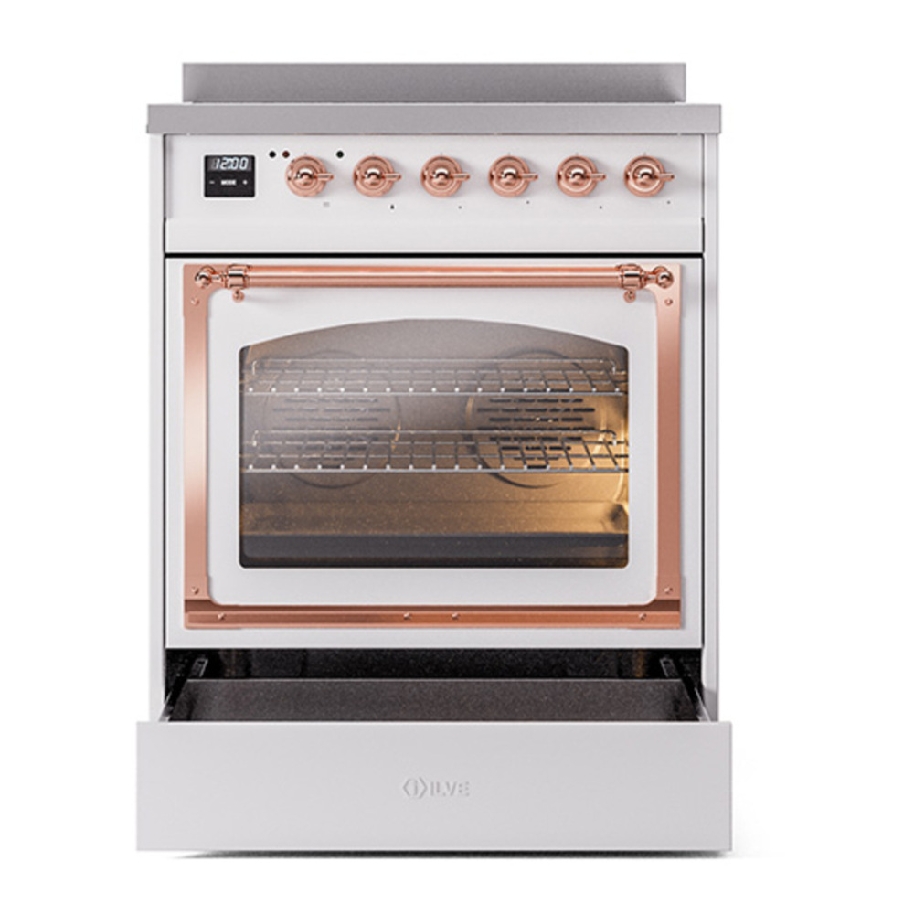 ILVE UNI304NMPWHP Nostalgie II Noblesse 30 inch Induction Range with 4 Elements (Triple Glass Door, White, Copper) 4 ILVE_UNI304NMPWHP_Nostalgie_II_30"_Induction_Range_drawer_opened