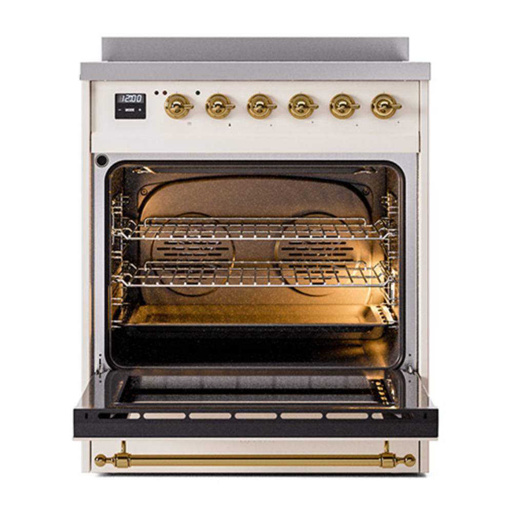 ILVE UNI304QNMPAWG Nostalgie II Noblesse 30 inch Induction Range with 4 Elements (Solid Door, Antique White, Brass) 2 ILVE_UNI304QNMPAWG_Nostalgie_II_30"_Induction_Range_oven_door_opened