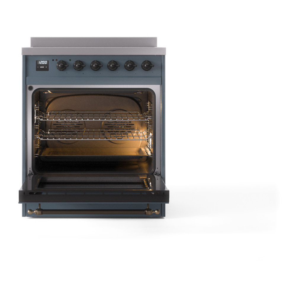 ILVE UNI304QNMPBGB Nostalgie II Noblesse 30 inch Induction Range with 4 Elements (Solid Door, Blue Grey, Burnished) 2 ILVE_UNI304QNMPBGB_Nostalgie_II_30"_Induction_Range_oven_door_opened