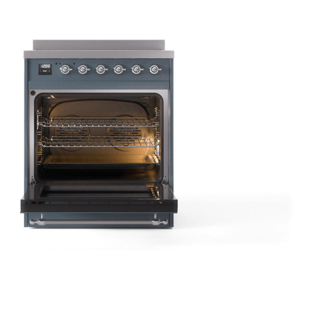 ILVE UNI304QNMPBGC Nostalgie II Noblesse 30 inch Induction Range with 4 Elements (Solid Door, Blue Grey, Chrome) 2 ILVE_UNI304QNMPBGC_Nostalgie_II_30"_Induction_Range_oven_door_opened