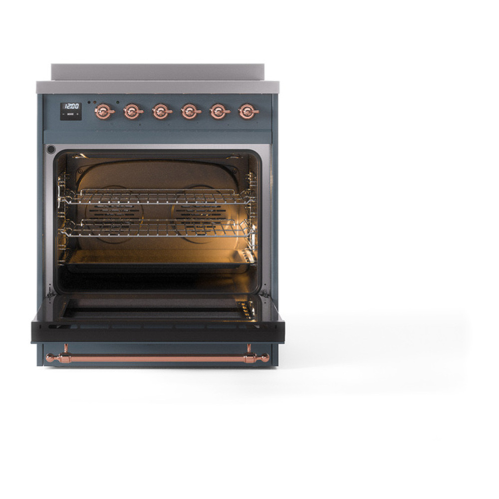ILVE UNI304QNMPBGP Nostalgie II Noblesse 30 inch Induction Range with 4 Elements (Solid Door, Blue Grey, Copper) 2 ILVE_UNI304QNMPBGP_Nostalgie_II_30"_Induction_Range_oven_door_opened