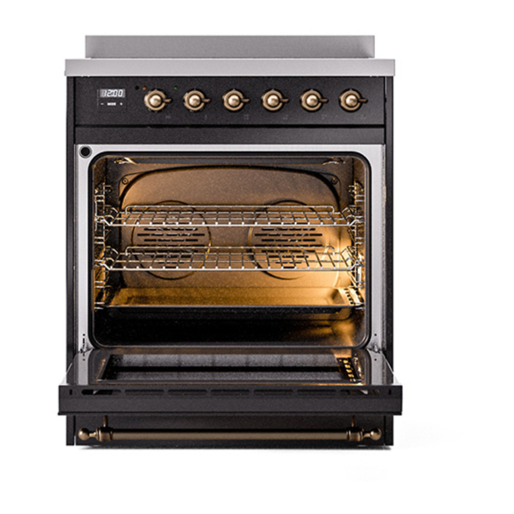 ILVE UNI304QNMPBKB Nostalgie II Noblesse 30 inch Induction Range with 4 Elements (Solid Door, Glossy Black, Burnished) 2 ILVE_UNI304QNMPBKB_Nostalgie_II_30"_Induction_Range_oven_door_opened