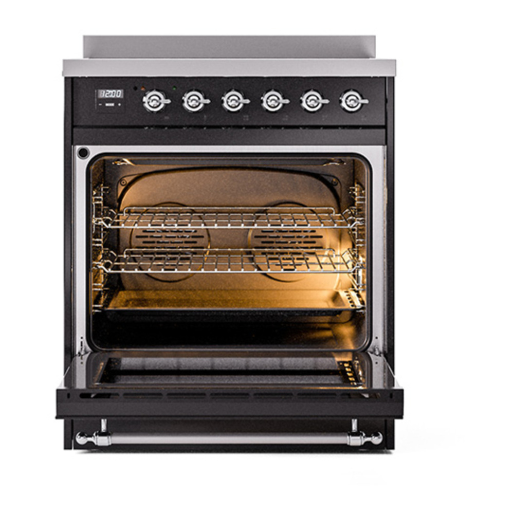 ILVE UNI304QNMPBKC Nostalgie II Noblesse 30 inch Induction Range with 4 Elements (Solid Door, Glossy Black, Chrome) 2 ILVE_UNI304QNMPBKC_Nostalgie_II_30"_Induction_Range_oven_door_opened