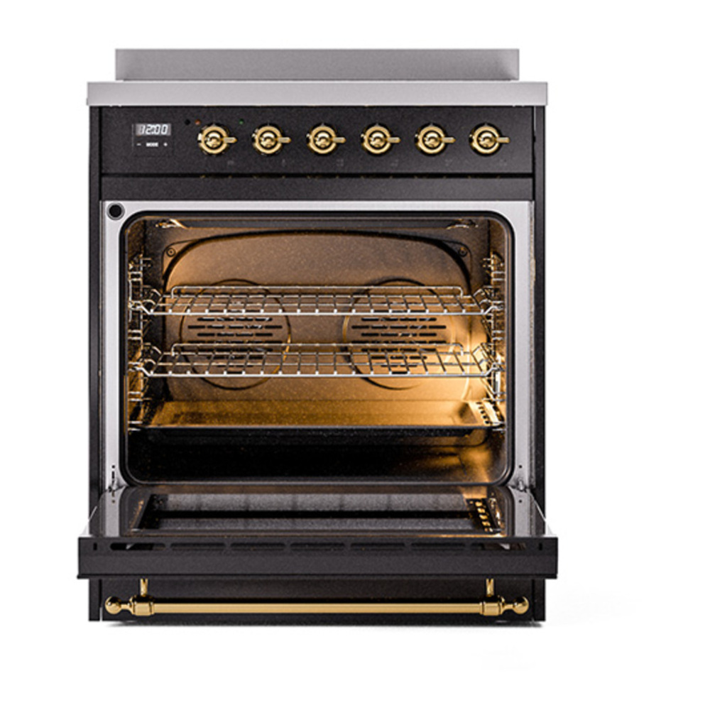 ILVE UNI304QNMPBKG Nostalgie II Noblesse 30 inch Induction Range with 4 Elements (Solid Door, Glossy Black, Brass) 2 ILVE_UNI304QNMPBKG_Nostalgie_II_30"_Induction_Range_oven_door_opened