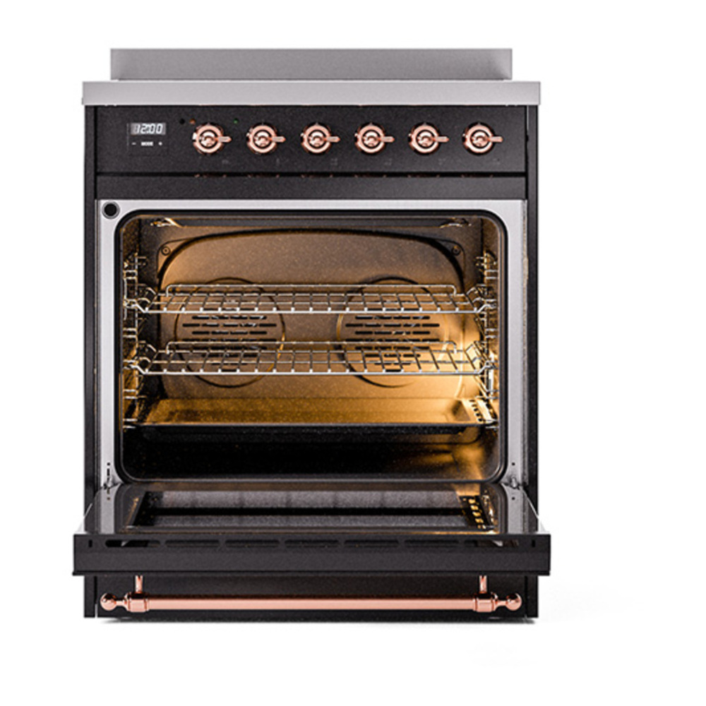 ILVE UNI304QNMPBKP Nostalgie II Noblesse 30 inch Induction Range with 4 Elements (Solid Door, Glossy Black, Copper) 2 ILVE_UNI304QNMPBKP_Nostalgie_II_30"_Induction_Range_oven_door_opened