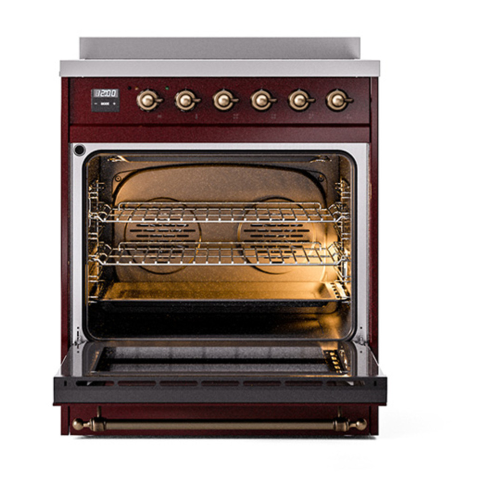 ILVE UNI304QNMPBUB Nostalgie II Noblesse 30 inch Induction Range with 4 Elements (Solid Door, Burgundy, Burnished) 2 ILVE_UNI304QNMPBUB_Nostalgie_II_30"_Induction_Range_oven_door_opened