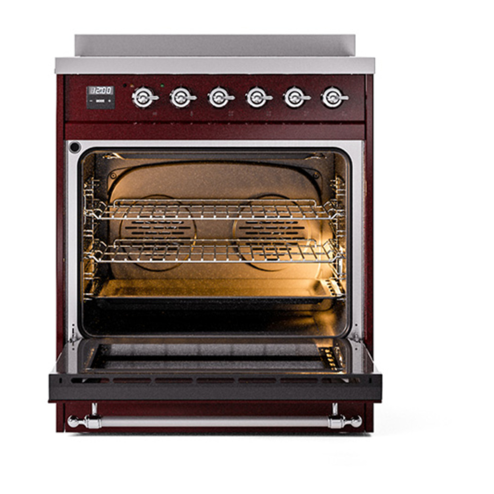ILVE UNI304QNMPBUC Nostalgie II Noblesse 30 inch Induction Range with 4 Elements (Solid Door, Burgundy, Chrome) 2 ILVE_UNI304QNMPBUC_Nostalgie_II_30"_Induction_Range_oven_door_opened