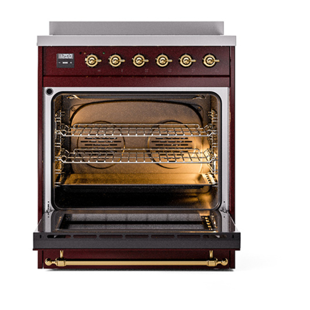 ILVE UNI304QNMPBUG Nostalgie II Noblesse 30 inch Induction Range with 4 Elements (Solid Door, Burgundy, Brass) 2 ILVE_UNI304QNMPBUG_Nostalgie_II_30"_Induction_Range_oven_door_opened