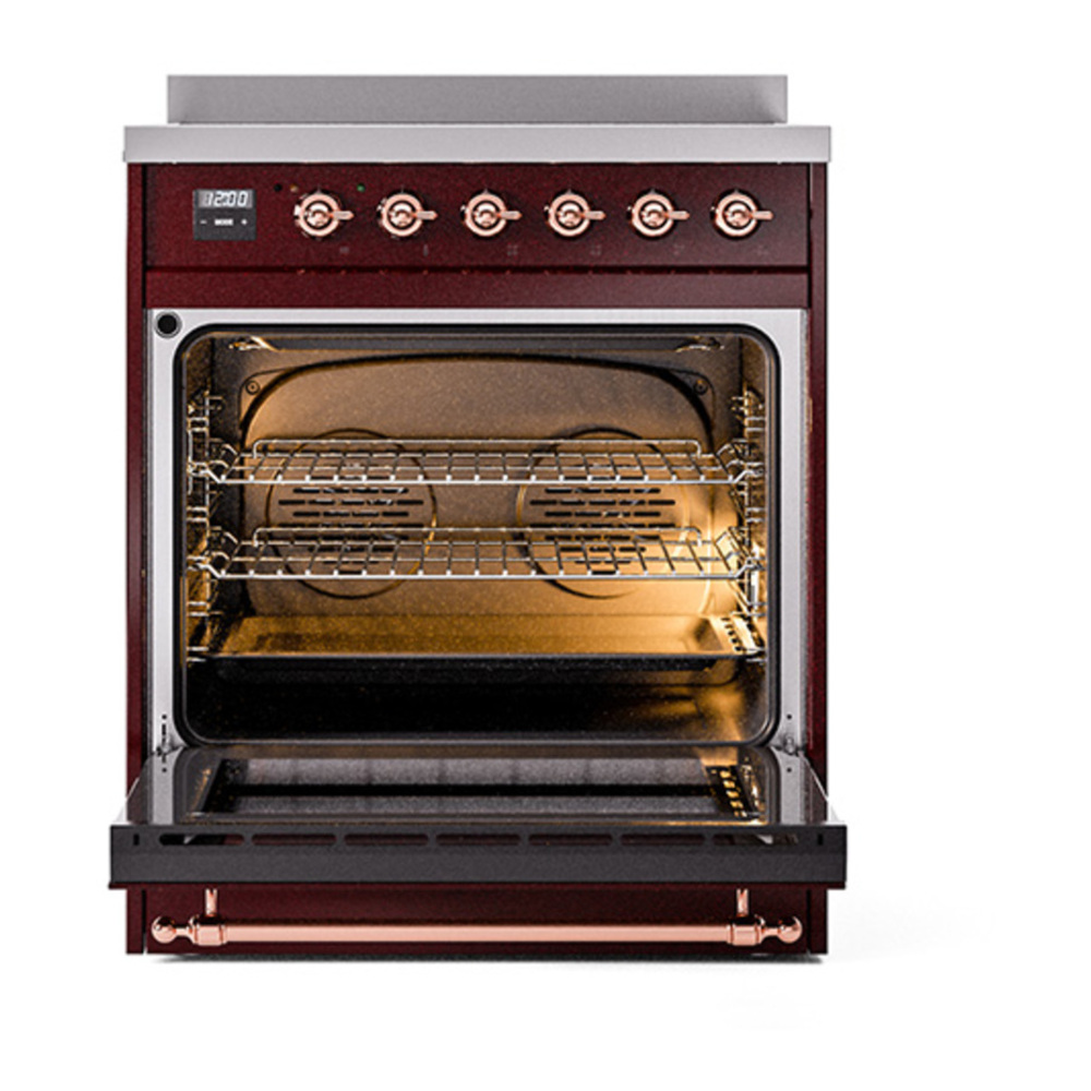 ILVE UNI304QNMPBUP Nostalgie II Noblesse 30 inch Induction Range with 4 Elements (Solid Door, Burgundy, Copper) 2 ILVE_UNI304QNMPBUP_Nostalgie_II_30"_Induction_Range_oven_door_opened