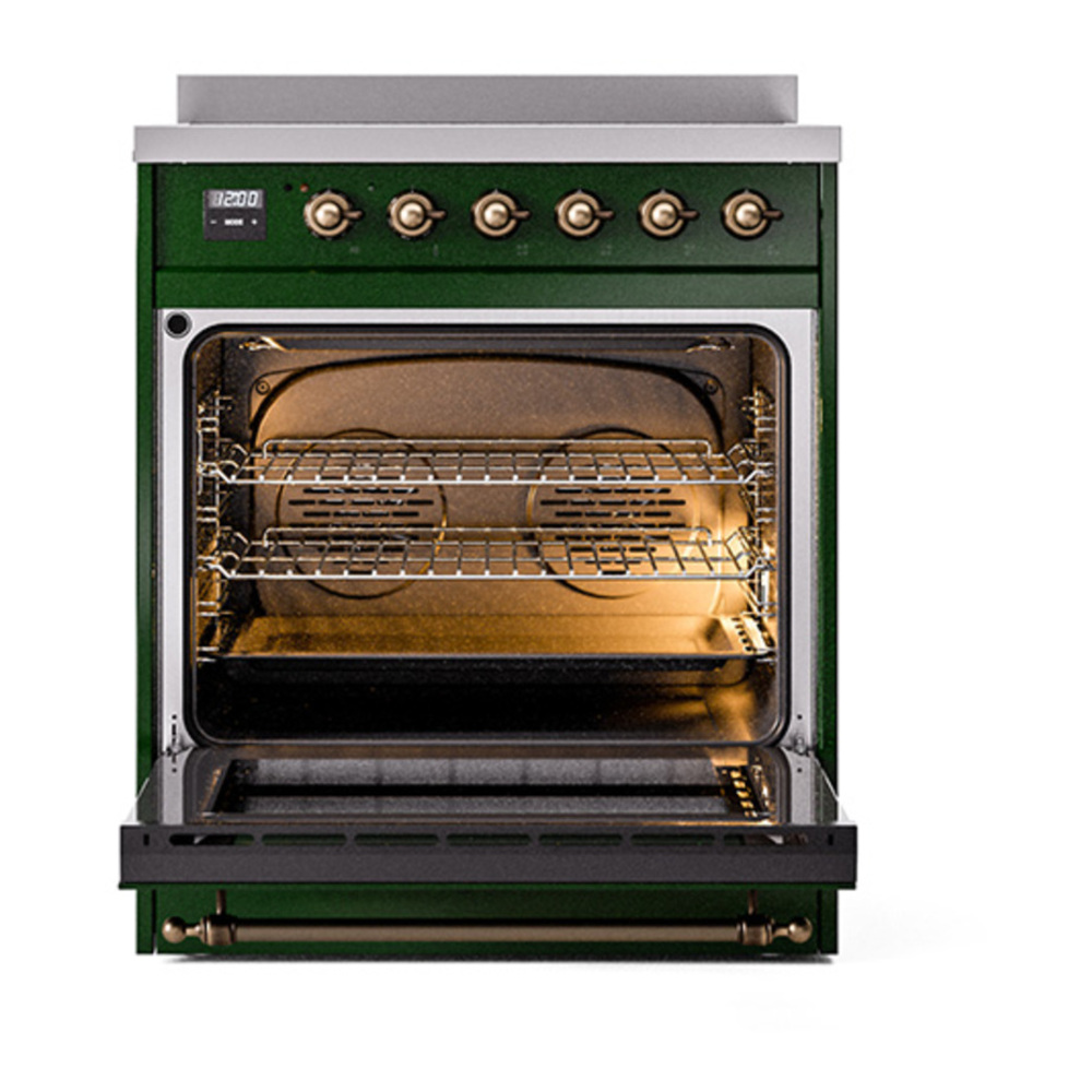ILVE UNI304QNMPEGB Nostalgie II Noblesse 30 inch Induction Range with 4 Elements (Solid Door, Emerald Green, Burnished) 2 ILVE_UNI304QNMPEGB_Nostalgie_II_30"_Induction_Range_oven_door_opened