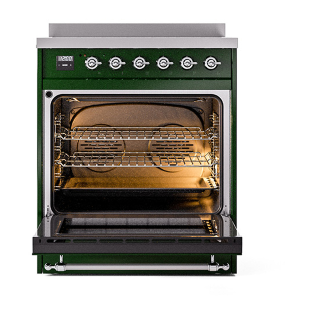 ILVE UNI304QNMPEGC Nostalgie II Noblesse 30 inch Induction Range with 4 Elements (Solid Door, Emerald Green, Chrome) 2 ILVE_UNI304QNMPEGC_Nostalgie_II_30"_Induction_Range_oven_door_opened