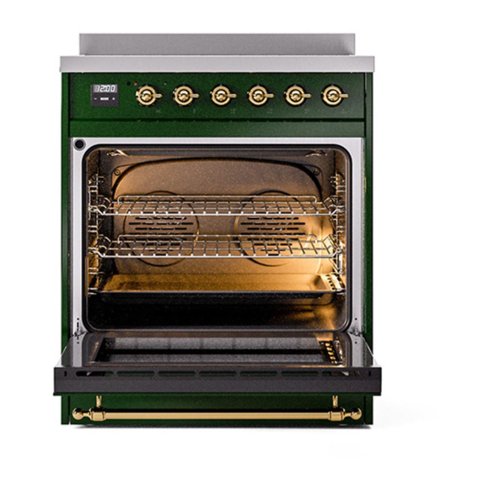 ILVE UNI304QNMPEGG Nostalgie II Noblesse 30 inch Induction Range with 4 Elements (Solid Door, Emerald Green, Brass) 2 ILVE_UNI304QNMPEGG_Nostalgie_II_30"_Induction_Range_oven_door_opened