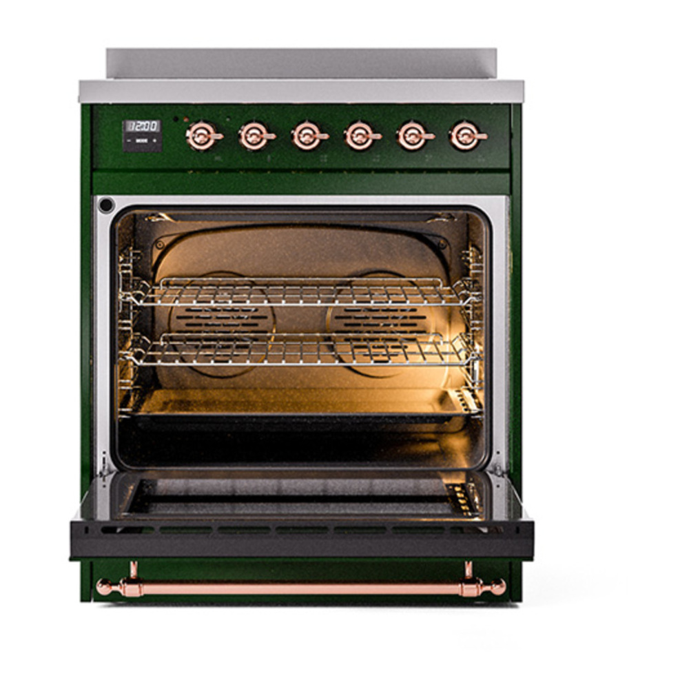 ILVE UNI304QNMPEGP Nostalgie II Noblesse 30 inch Induction Range with 4 Elements (Solid Door, Emerald Green, Copper) 2 ILVE_UNI304QNMPEGP_Nostalgie_II_30"_Induction_Range_oven_door_opened