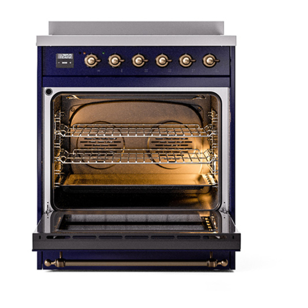 ILVE UNI304QNMPMBB Nostalgie II Noblesse 30 inch Induction Range with 4 Elements (Solid Door, Midnight Blue, Burnished) 2 ILVE_UNI304QNMPMBB_Nostalgie_II_30"_Induction_Range_oven_door_opened
