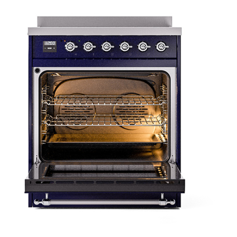 ILVE UNI304QNMPMBC Nostalgie II Noblesse 30 inch Induction Range with 4 Elements (Solid Door, Midnight Blue, Chrome) 2 ILVE_UNI304QNMPMBC_Nostalgie_II_30"_Induction_Range_oven_door_opened