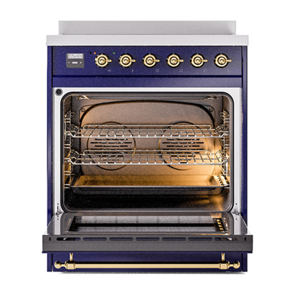 ILVE UNI304QNMPMBG Nostalgie II Noblesse 30 inch Induction Range with 4 Elements (Solid Door, Midnight Blue, Brass) 2 ILVE_UNI304QNMPMBG_Nostalgie_II_30"_Induction_Range_oven_door_opened