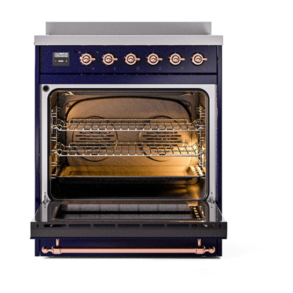 ILVE UNI304QNMPMBP Nostalgie II Noblesse 30 inch Induction Range with 4 Elements (Solid Door, Midnight Blue, Copper) 2 ILVE_UNI304QNMPMBP_Nostalgie_II_30"_Induction_Range_oven_door_opened
