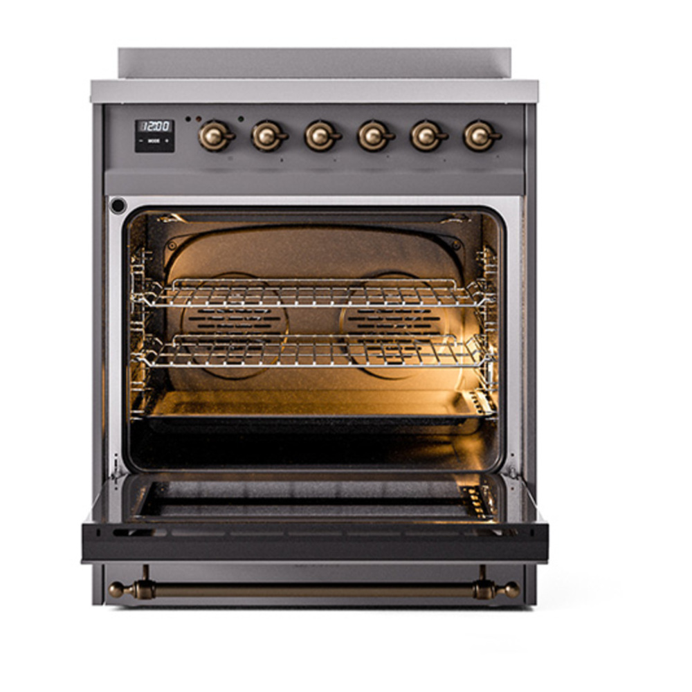 ILVE UNI304QNMPMGB Nostalgie II Noblesse 30 inch Induction Range with 4 Elements (Solid Door, Graphite Matte, Burnished) 2 ILVE_UNI304QNMPMGB_Nostalgie_II_30"_Induction_Range_oven_door_opened