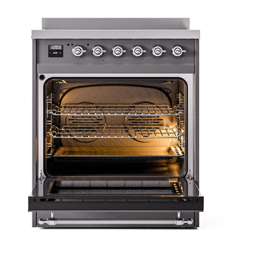 ILVE UNI304QNMPMGC Nostalgie II Noblesse 30 inch Induction Range with 4 Elements (Solid Door, Graphite Matte, Chrome) 2 ILVE_UNI304QNMPMGC_Nostalgie_II_30"_Induction_Range_oven_door_opened