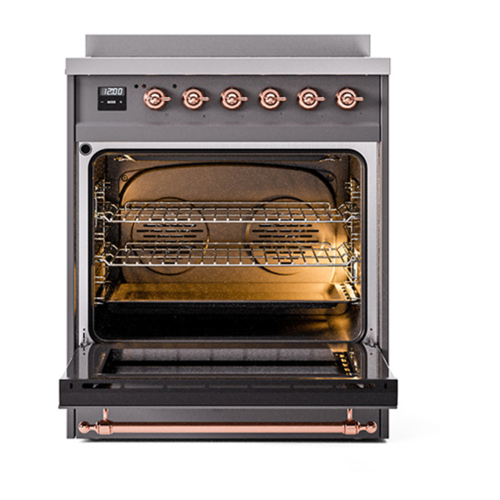 ILVE UNI304QNMPMGP Nostalgie II Noblesse 30 inch Induction Range with 4 Elements (Solid Door, Graphite Matte, Copper) 2 ILVE_UNI304QNMPMGP_Nostalgie_II_30"_Induction_Range_oven_door_opened