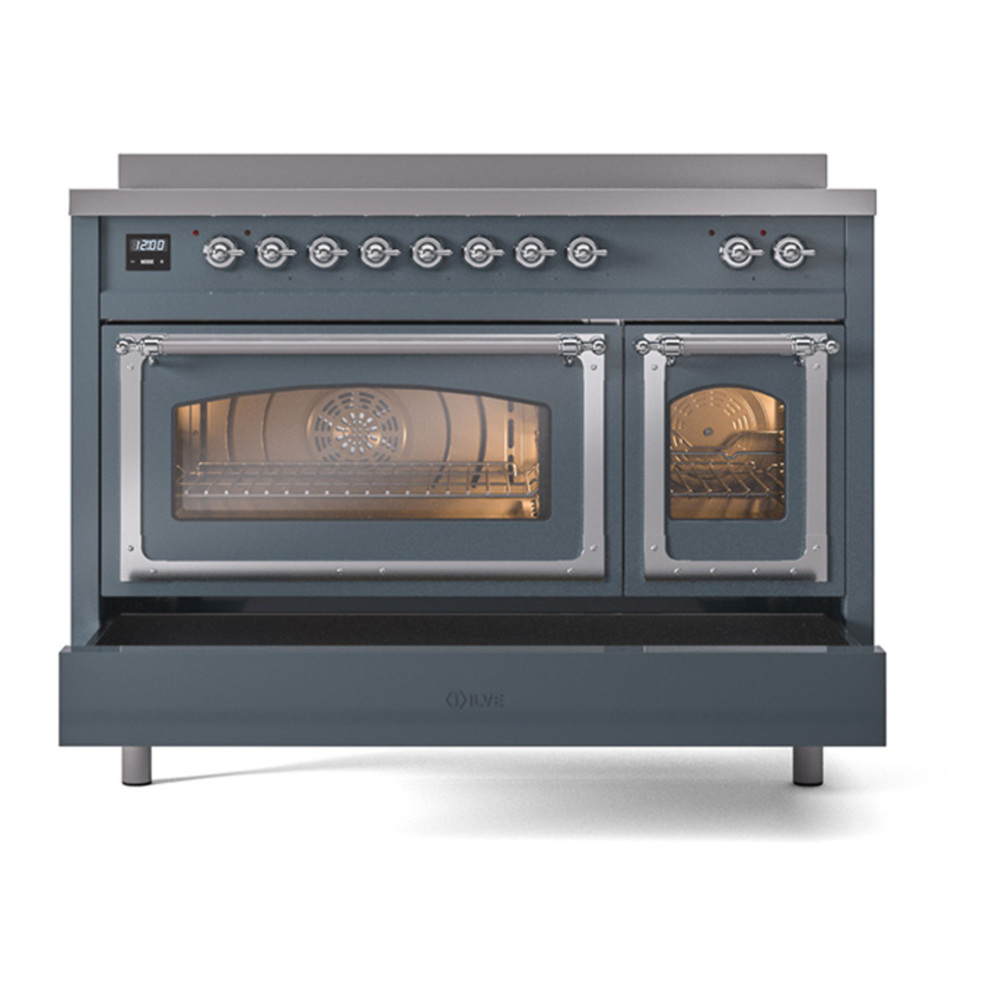 ILVE UNI486NMPBGC Nostalgie II Noblesse 48 inch Induction Range with 6 Elements (Triple Glass Door, Blue Grey, Chrome) 7 ILVE_UNI486NMPBGC_Nostalgie_II_48"_Induction_Range_drawer_opened