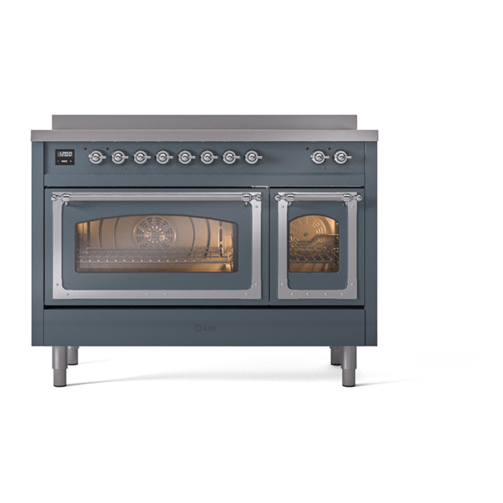 ILVE UNI486NMPBGC Nostalgie II Noblesse 48 inch Induction Range with 6 Elements (Triple Glass Door, Blue Grey, Chrome) 3 ILVE_UNI486NMPBGC_Nostalgie_II_48"_Induction_Range_front_view