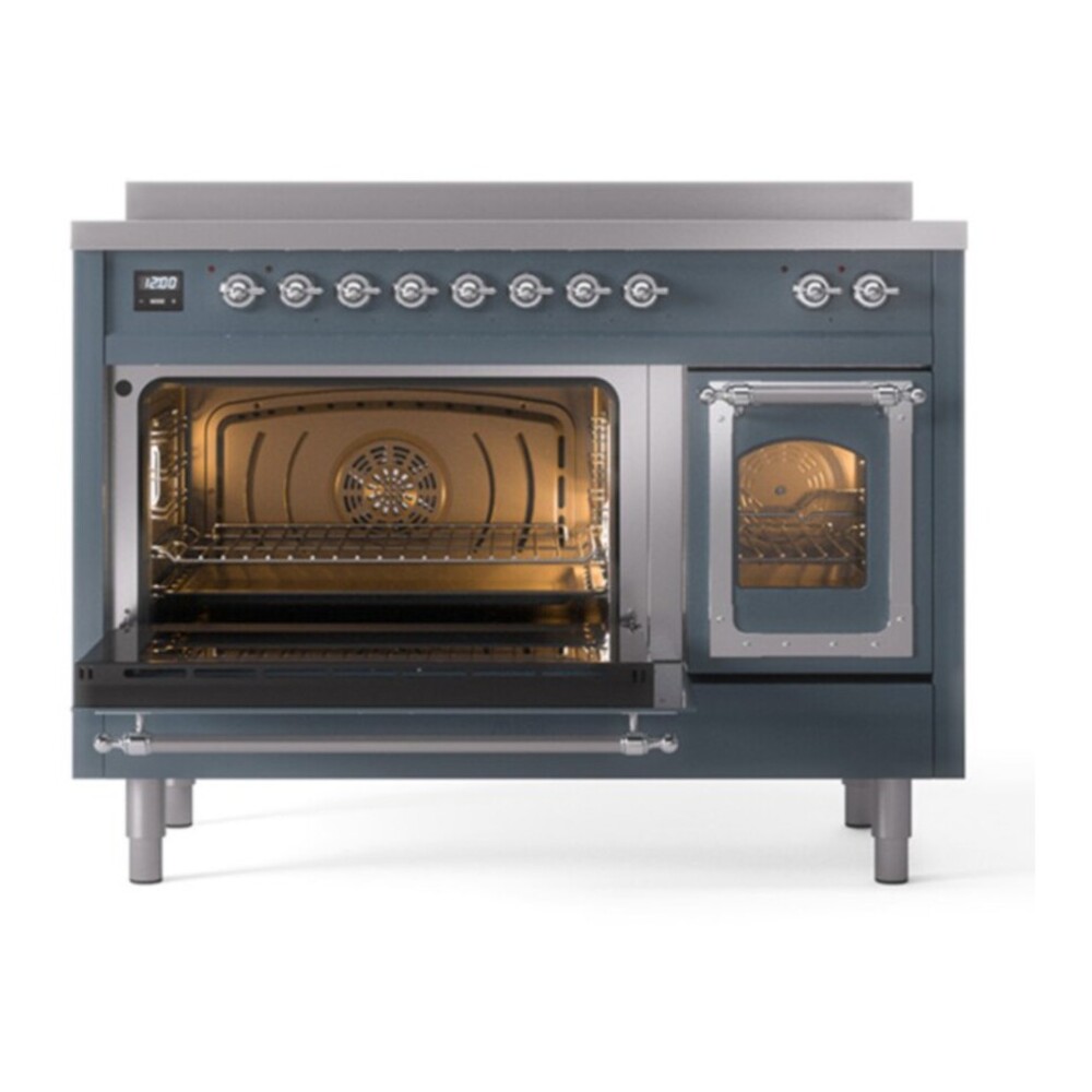 ILVE UNI486NMPBGC Nostalgie II Noblesse 48 inch Induction Range with 6 Elements (Triple Glass Door, Blue Grey, Chrome) 5 ILVE_UNI486NMPBGC_Nostalgie_II_48"_Induction_Range_main_oven_door_opened